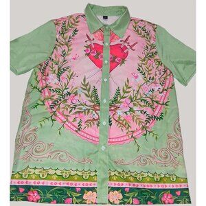 Sacred Heart Floral Button-Up Shirt Short Sleeve Green Pink Cotton Mens Top